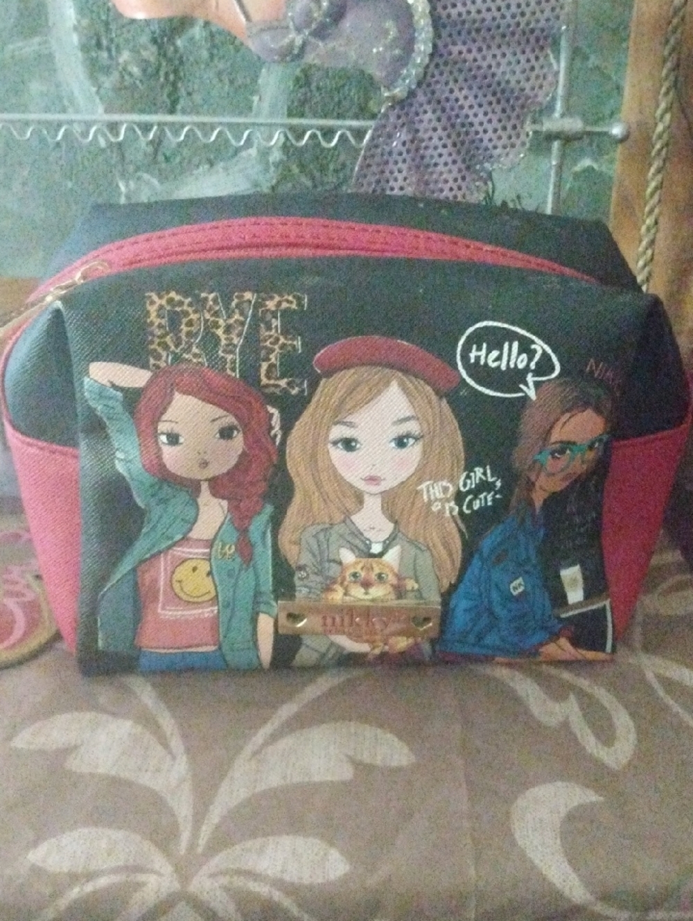 Nikky  By Nicole Lee Girls Print Cosmetic Bag in Black and Red  ,; Wear Corner